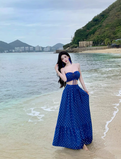 Boho-Inspired Navy Blue Polka Dot Maxi Skirt Vintage Two-Piece Set Vacation Outfit Strapless Lace-Up Crop Top & Ruffles Long Dress AP1594