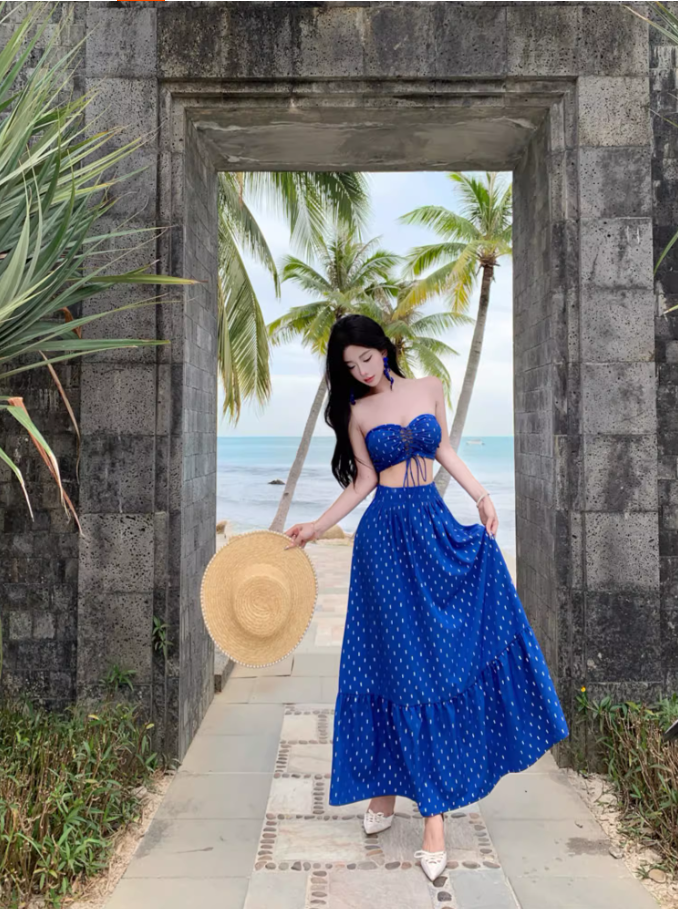 Boho-Inspired Navy Blue Polka Dot Maxi Skirt Vintage Two-Piece Set Vacation Outfit Strapless Lace-Up Crop Top & Ruffles Long Dress AP1594