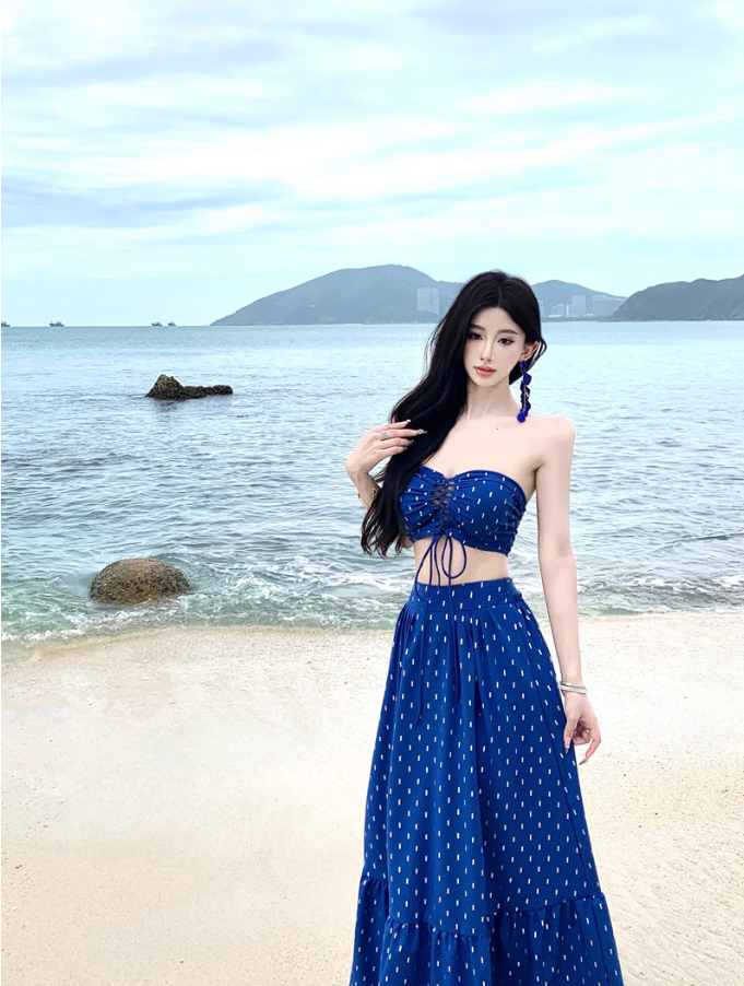 Boho-Inspired Navy Blue Polka Dot Maxi Skirt Vintage Two-Piece Set Vacation Outfit Strapless Lace-Up Crop Top & Ruffles Long Dress AP1594