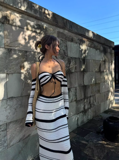 Vintage Striped Crochet Outfit Black & White Maxi Skirt Y2K Style Long Sleeves Two-Piece Set Mermaid Long Dress AP1595