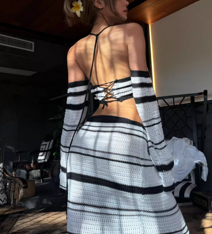 Vintage Striped Crochet Outfit Black & White Maxi Skirt Y2K Style Long Sleeves Two-Piece Set Mermaid Long Dress AP1595