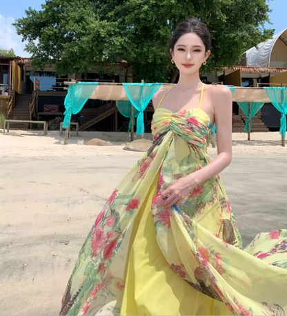 Charming Abstract Pattern Print Yellow Maxi Dress Gorgeous Outdoor Trips Big Flowy Hem Adjustable Halter Long Dress AP1596