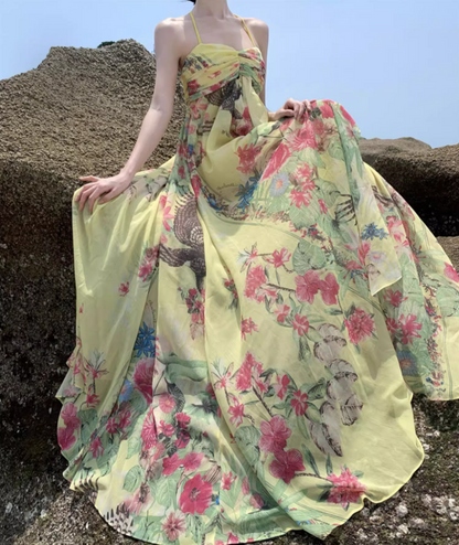 Charming Abstract Pattern Print Yellow Maxi Dress Gorgeous Outdoor Trips Big Flowy Hem Adjustable Halter Long Dress AP1596