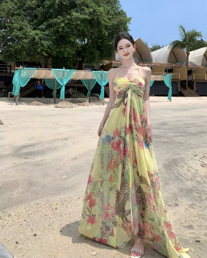 Charming Abstract Pattern Print Yellow Maxi Dress Gorgeous Outdoor Trips Big Flowy Hem Adjustable Halter Long Dress AP1596