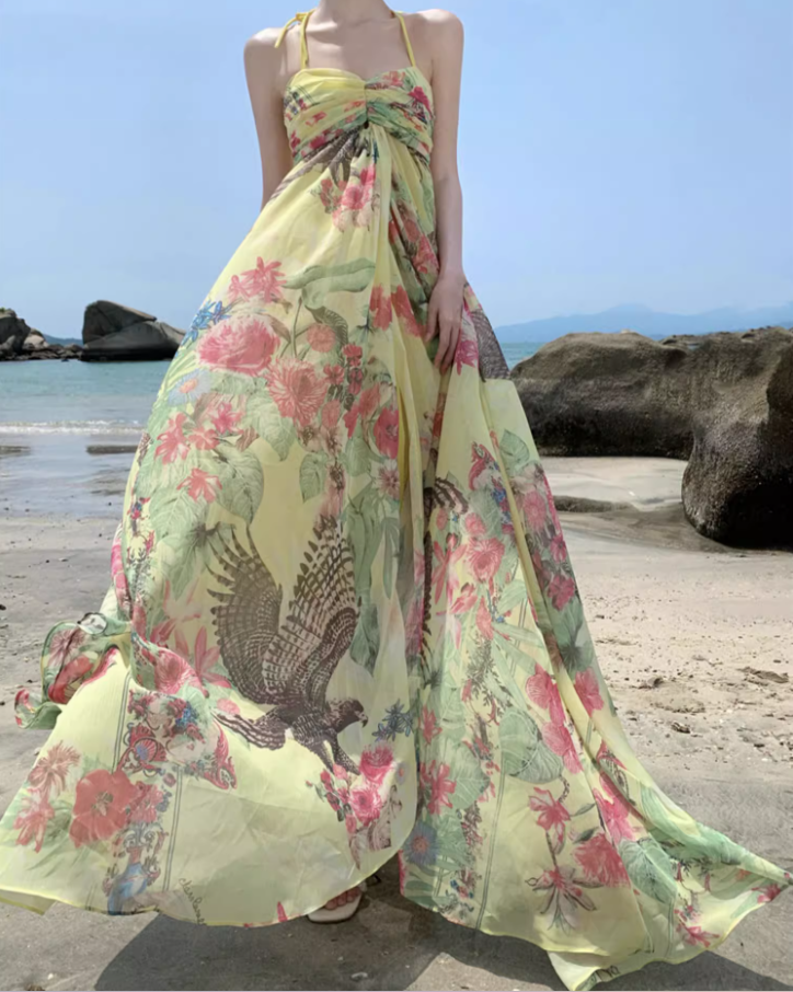 Charming Abstract Pattern Print Yellow Maxi Dress Gorgeous Outdoor Trips Big Flowy Hem Adjustable Halter Long Dress AP1596