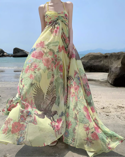 Charming Abstract Pattern Print Yellow Maxi Dress Gorgeous Outdoor Trips Big Flowy Hem Adjustable Halter Long Dress AP1596