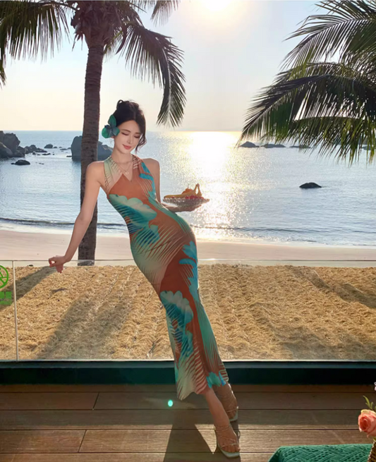 Sexy Gradient Art Print Maxi Dress Chic Outdoor Trips Bodycon Mermaid Hem Halter Long Dress AP1597