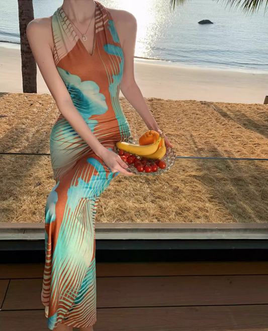Sexy Gradient Art Print Maxi Dress Chic Outdoor Trips Bodycon Mermaid Hem Halter Long Dress AP1597