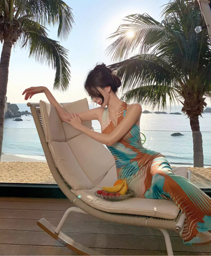 Sexy Gradient Art Print Maxi Dress Chic Outdoor Trips Bodycon Mermaid Hem Halter Long Dress AP1597