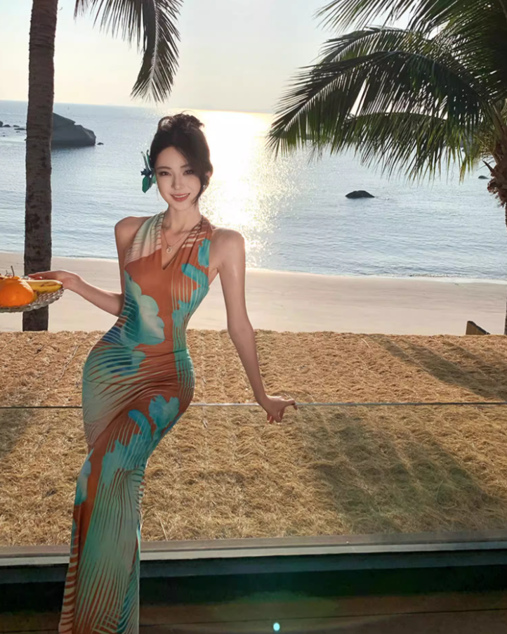 Sexy Gradient Art Print Maxi Dress Chic Outdoor Trips Bodycon Mermaid Hem Halter Long Dress AP1597
