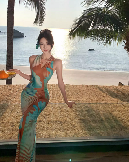 Sexy Gradient Art Print Maxi Dress Chic Outdoor Trips Bodycon Mermaid Hem Halter Long Dress AP1597