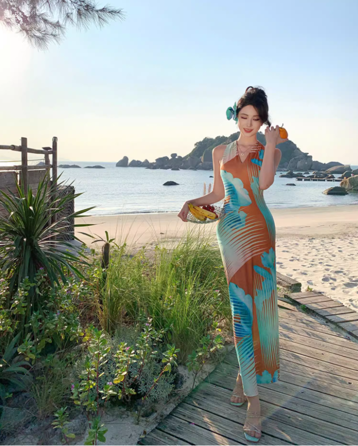 Sexy Gradient Art Print Maxi Dress Chic Outdoor Trips Bodycon Mermaid Hem Halter Long Dress AP1597