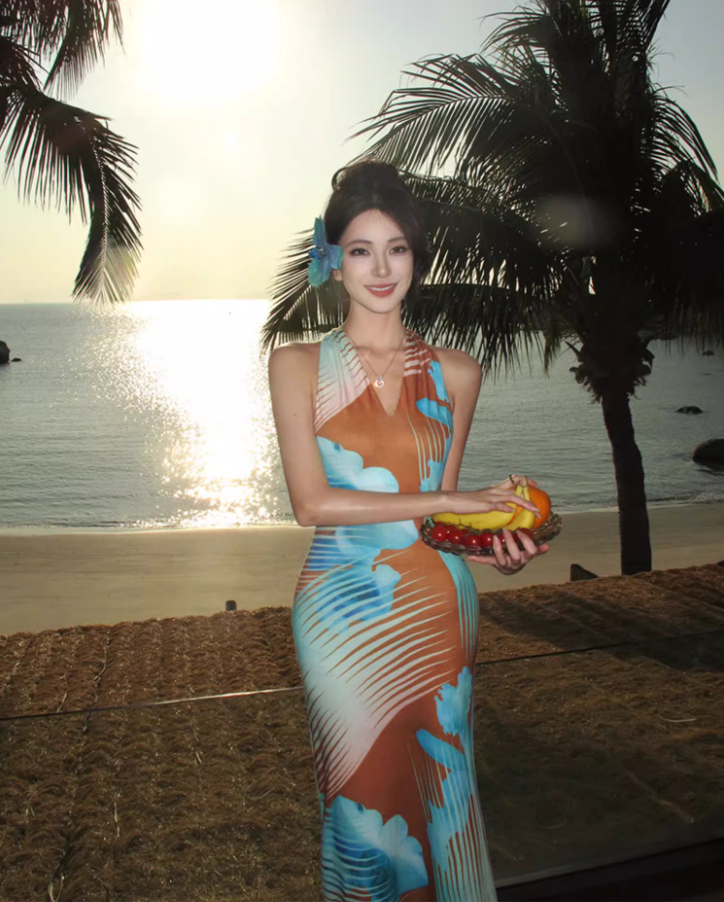 Sexy Gradient Art Print Maxi Dress Chic Outdoor Trips Bodycon Mermaid Hem Halter Long Dress AP1597