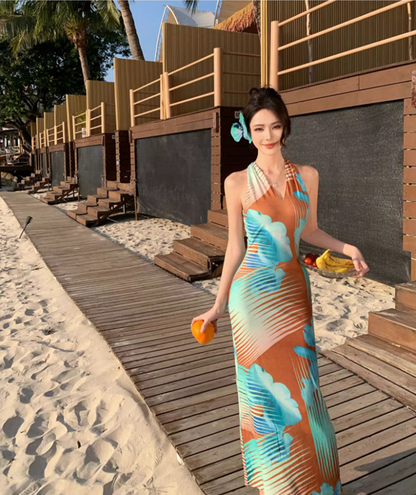 Sexy Gradient Art Print Maxi Dress Chic Outdoor Trips Bodycon Mermaid Hem Halter Long Dress AP1597