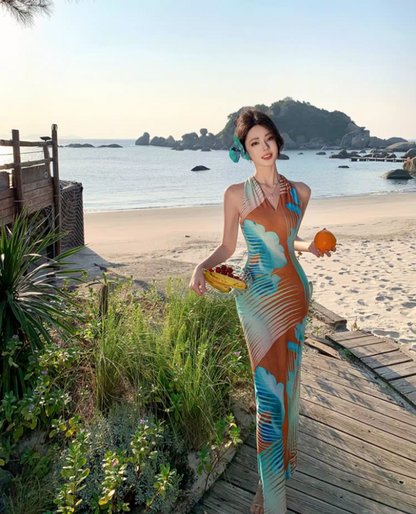Sexy Gradient Art Print Maxi Dress Chic Outdoor Trips Bodycon Mermaid Hem Halter Long Dress AP1597