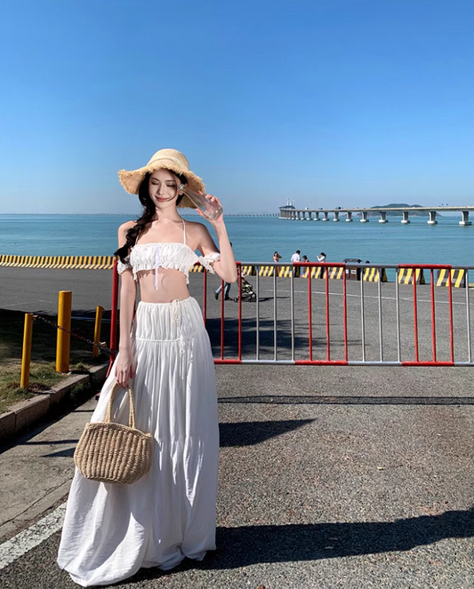 Elegant Off-Shoulder Smocked Bandeau Crop Top Maxi Dress Niche Outdoor Trips White Two-Piece Set Tiered Flowy Hem Halter Long Dress AP1598