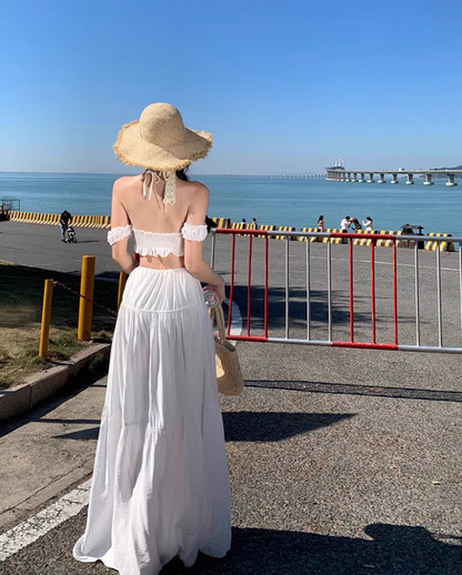 Elegant Off-Shoulder Smocked Bandeau Crop Top Maxi Dress Niche Outdoor Trips White Two-Piece Set Tiered Flowy Hem Halter Long Dress AP1598