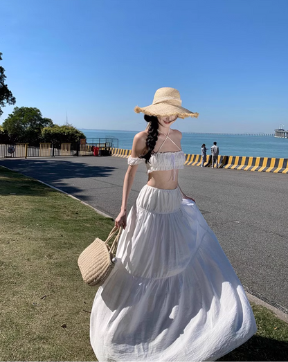 Elegant Off-Shoulder Smocked Bandeau Crop Top Maxi Dress Niche Outdoor Trips White Two-Piece Set Tiered Flowy Hem Halter Long Dress AP1598