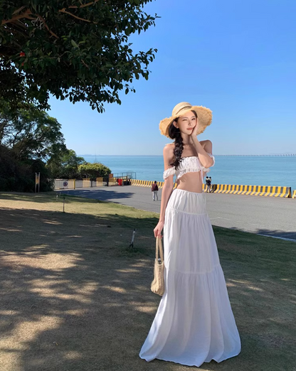 Elegant Off-Shoulder Smocked Bandeau Crop Top Maxi Dress Niche Outdoor Trips White Two-Piece Set Tiered Flowy Hem Halter Long Dress AP1598