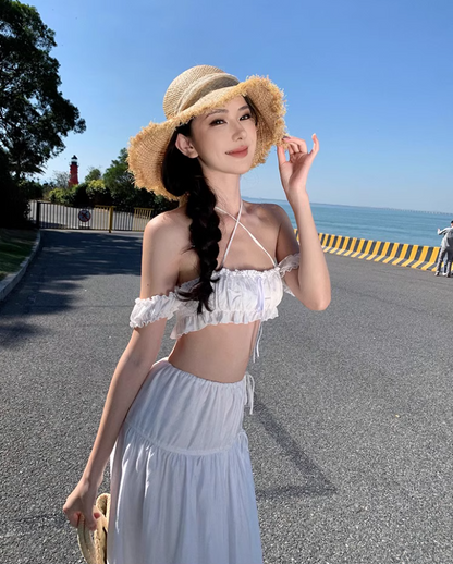 Elegant Off-Shoulder Smocked Bandeau Crop Top Maxi Dress Niche Outdoor Trips White Two-Piece Set Tiered Flowy Hem Halter Long Dress AP1598