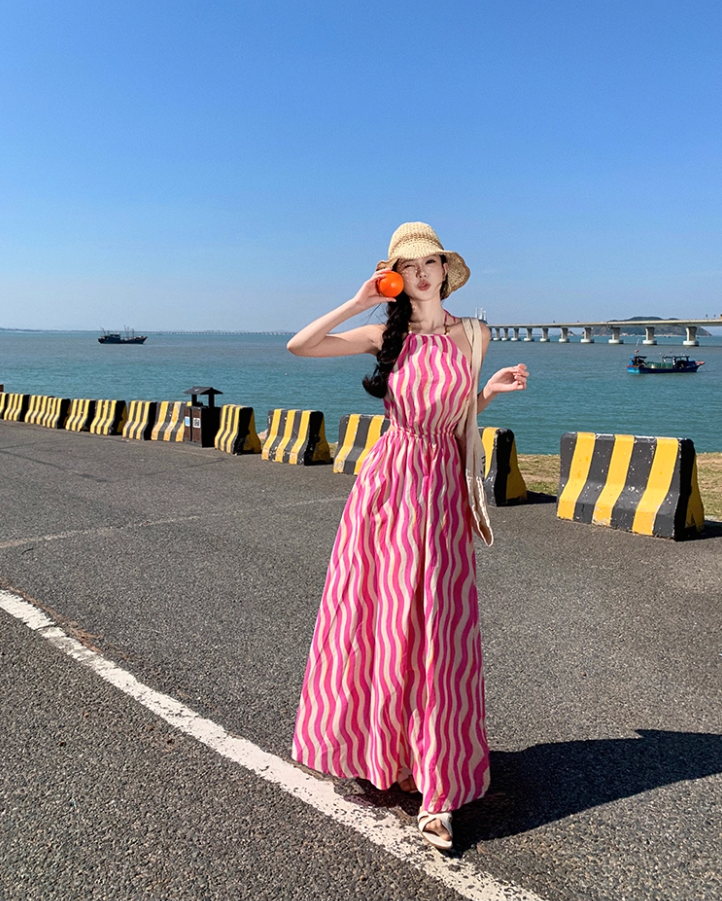 Vibrant Pink & White Striped Maxi Dress Chic Outdoor Trips Flowy Hem Halter Long Dress AP1599