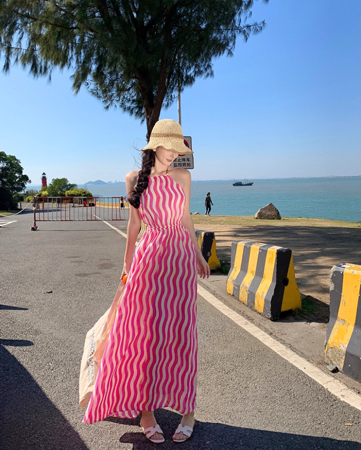Vibrant Pink & White Striped Maxi Dress Chic Outdoor Trips Flowy Hem Halter Long Dress AP1599