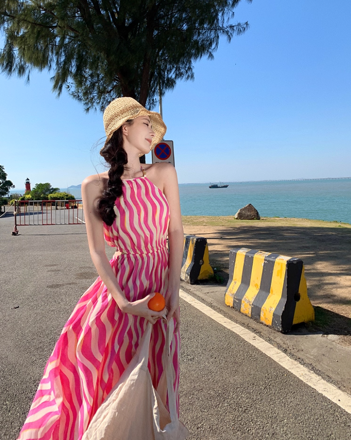 Vibrant Pink & White Striped Maxi Dress Chic Outdoor Trips Flowy Hem Halter Long Dress AP1599