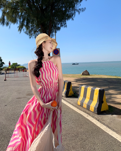 Vibrant Pink & White Striped Maxi Dress Chic Outdoor Trips Flowy Hem Halter Long Dress AP1599