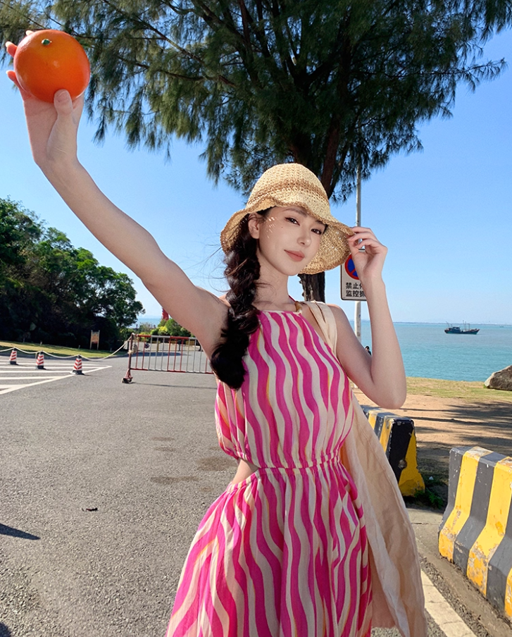 Vibrant Pink & White Striped Maxi Dress Chic Outdoor Trips Flowy Hem Halter Long Dress AP1599