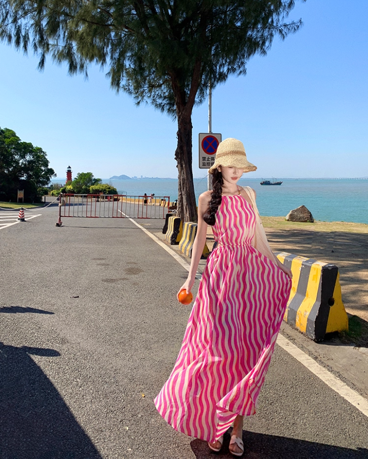 Vibrant Pink & White Striped Maxi Dress Chic Outdoor Trips Flowy Hem Halter Long Dress AP1599