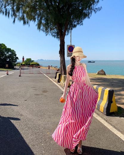 Vibrant Pink & White Striped Maxi Dress Chic Outdoor Trips Flowy Hem Halter Long Dress AP1599
