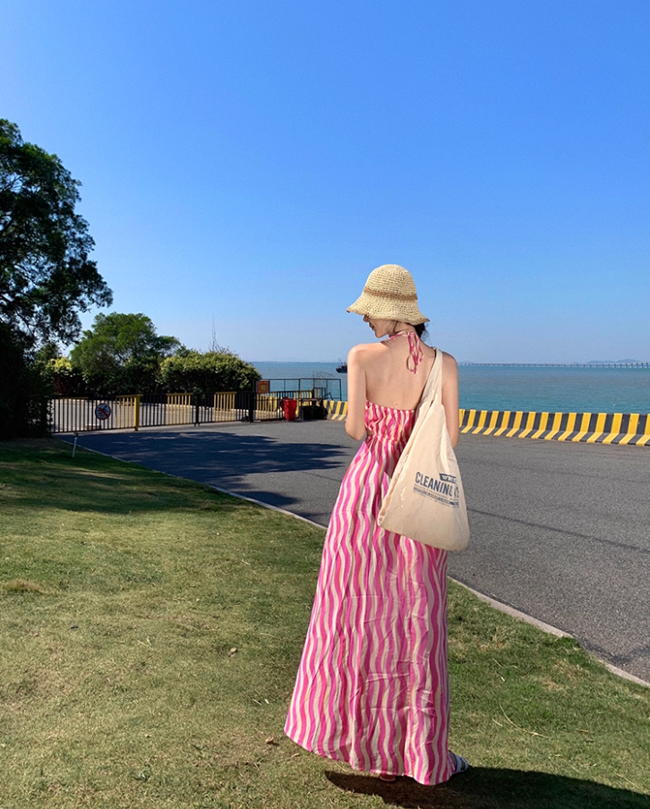 Vibrant Pink & White Striped Maxi Dress Chic Outdoor Trips Flowy Hem Halter Long Dress AP1599