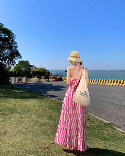 Vibrant Pink & White Striped Maxi Dress Chic Outdoor Trips Flowy Hem Halter Long Dress AP1599
