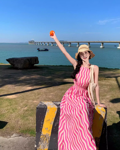 Vibrant Pink & White Striped Maxi Dress Chic Outdoor Trips Flowy Hem Halter Long Dress AP1599