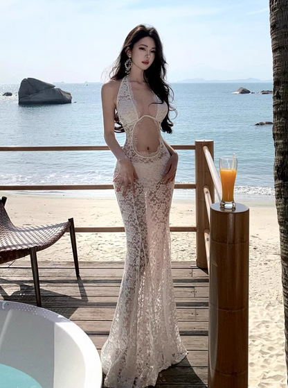 Classical Sheer Lace Cutout Maxi Dress Charming Outdoor Trips Mermaid Hem Halter Long Dress AP1600