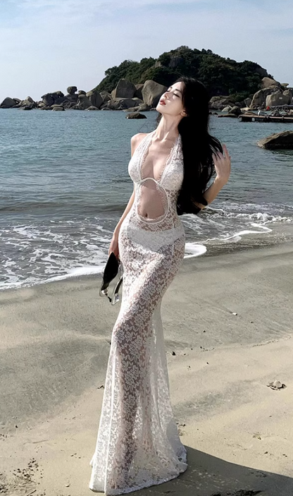 Classical Sheer Lace Cutout Maxi Dress Charming Outdoor Trips Mermaid Hem Halter Long Dress AP1600