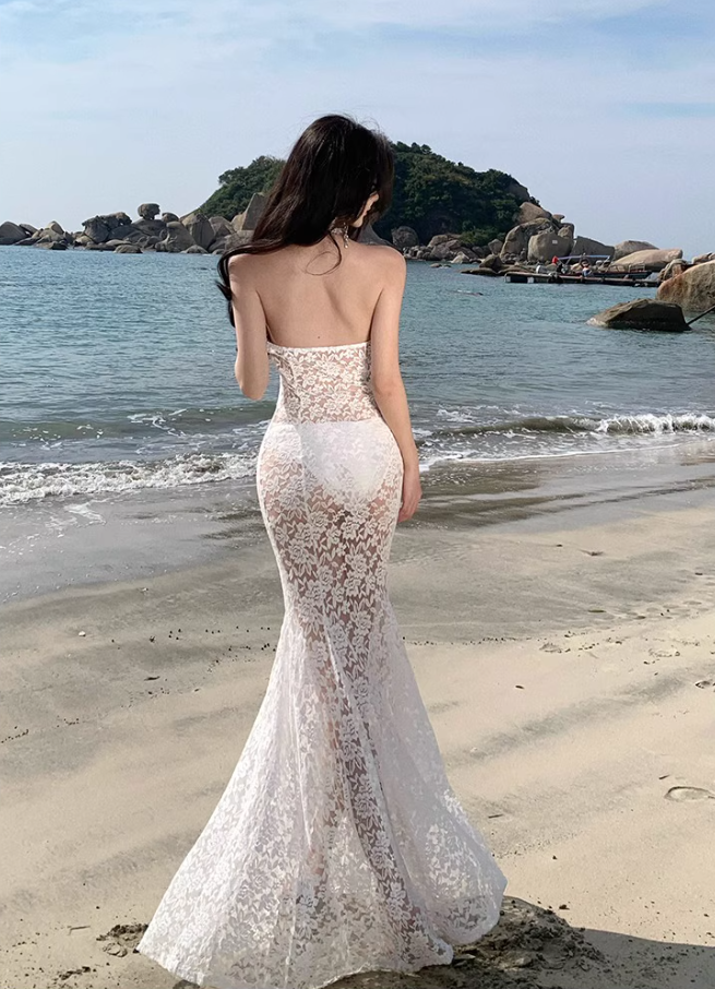 Classical Sheer Lace Cutout Maxi Dress Charming Outdoor Trips Mermaid Hem Halter Long Dress AP1600