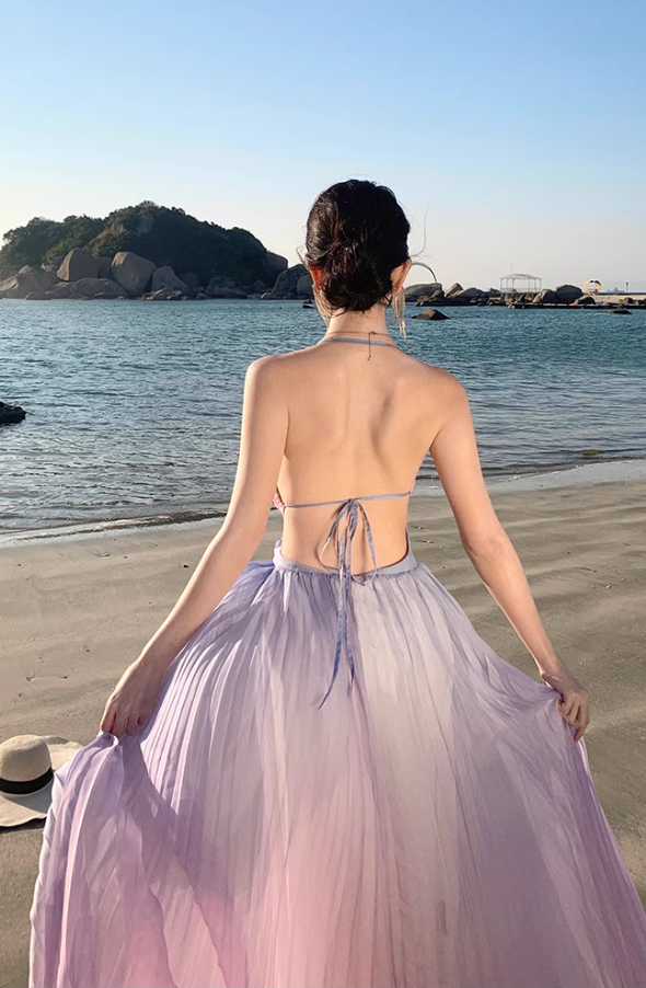 Dopamine Style Double Layers Pink & Purple Gradient Maxi Dress Niche Beach Vacations Cross V-Neck Pleated Halter Long Dress AP1601