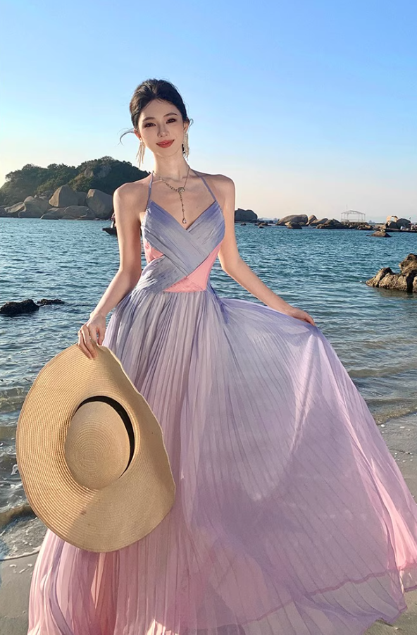 Dopamine Style Double Layers Pink & Purple Gradient Maxi Dress Niche Beach Vacations Cross V-Neck Pleated Halter Long Dress AP1601