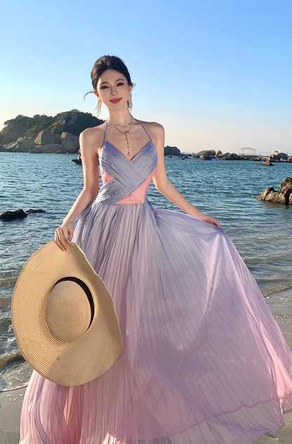Dopamine Style Double Layers Pink & Purple Gradient Maxi Dress Niche Beach Vacations Cross V-Neck Pleated Halter Long Dress AP1601