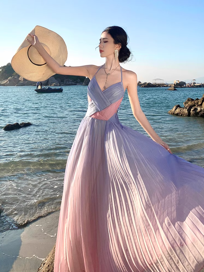 Dopamine Style Double Layers Pink & Purple Gradient Maxi Dress Niche Beach Vacations Cross V-Neck Pleated Halter Long Dress AP1601