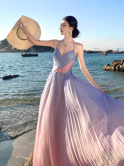 Dopamine Style Double Layers Pink & Purple Gradient Maxi Dress Niche Beach Vacations Cross V-Neck Pleated Halter Long Dress AP1601