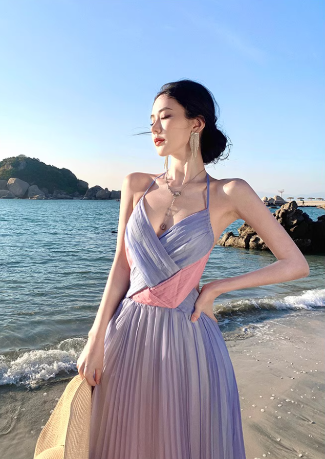Dopamine Style Double Layers Pink & Purple Gradient Maxi Dress Niche Beach Vacations Cross V-Neck Pleated Halter Long Dress AP1601