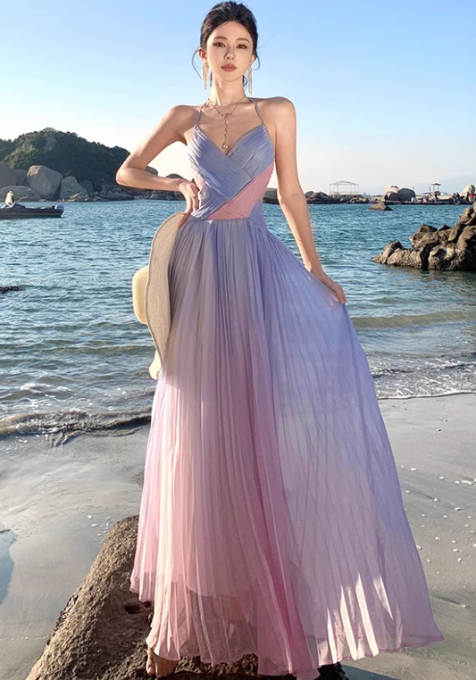 Dopamine Style Double Layers Pink & Purple Gradient Maxi Dress Niche Beach Vacations Cross V-Neck Pleated Halter Long Dress AP1601