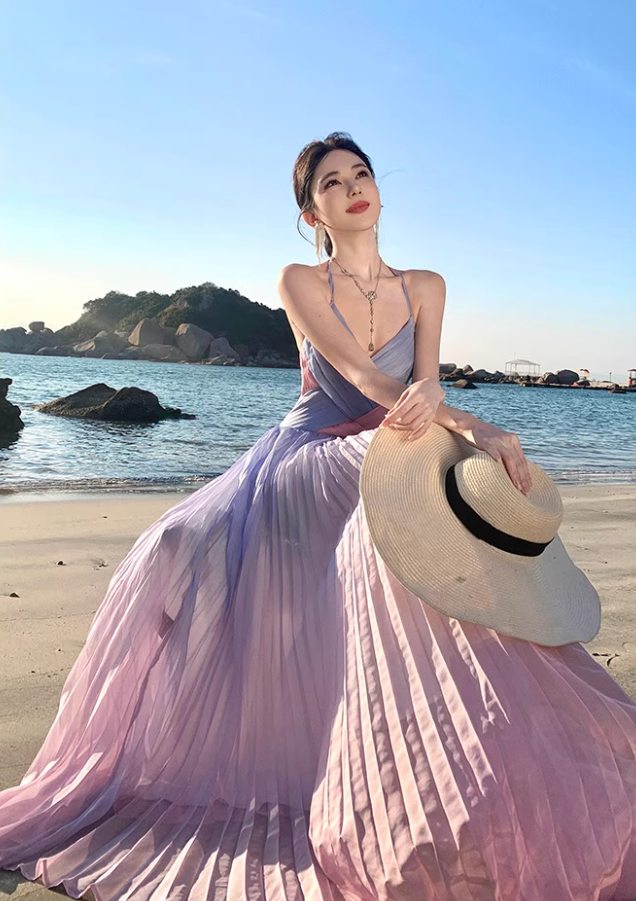 Dopamine Style Double Layers Pink & Purple Gradient Maxi Dress Niche Beach Vacations Cross V-Neck Pleated Halter Long Dress AP1601