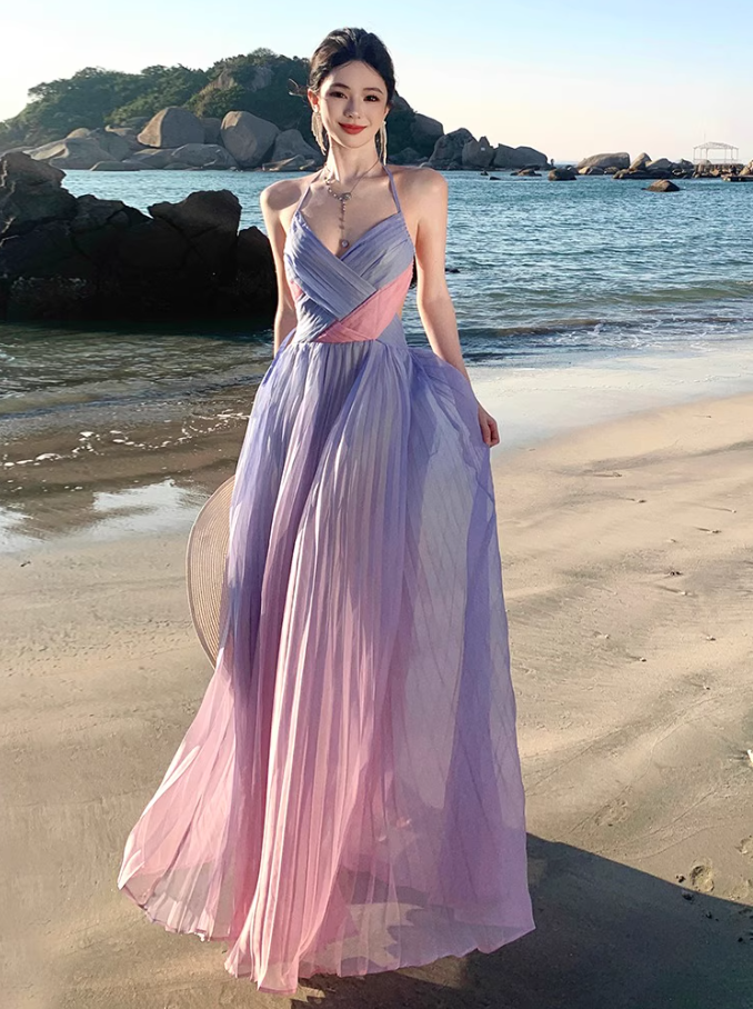 Dopamine Style Double Layers Pink & Purple Gradient Maxi Dress Niche Beach Vacations Cross V-Neck Pleated Halter Long Dress AP1601