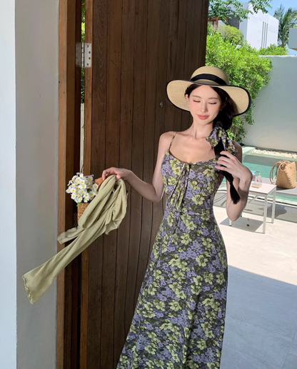 French Style Floral Print Green Maxi Dress Retro Flowy Hem Outdoor Trips Spaghetti Strap Long Dress AP1602