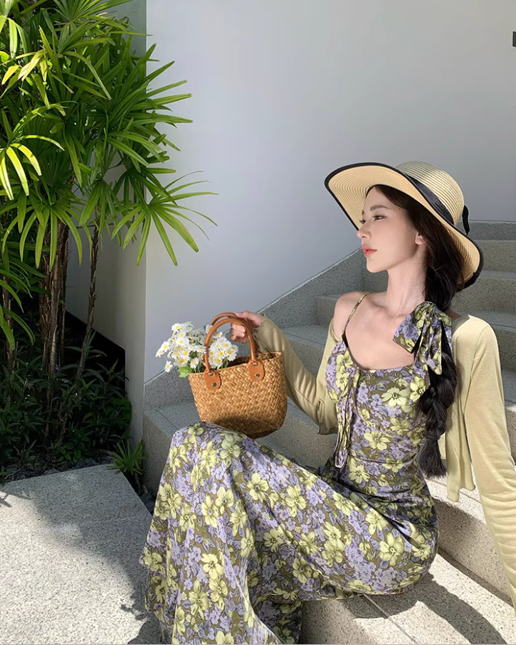 French Style Floral Print Green Maxi Dress Retro Flowy Hem Outdoor Trips Spaghetti Strap Long Dress AP1602