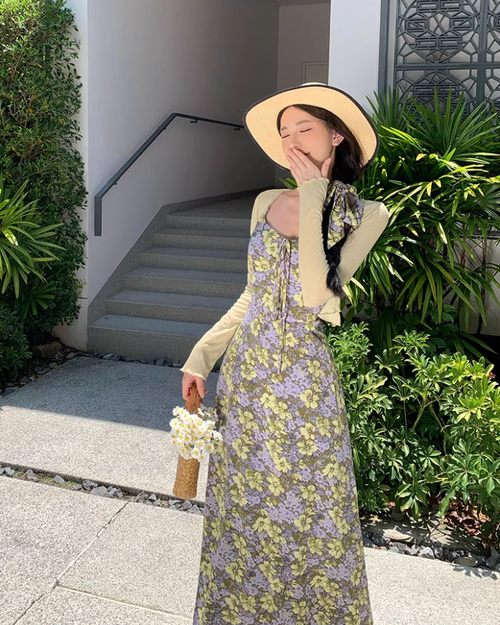 French Style Floral Print Green Maxi Dress Retro Flowy Hem Outdoor Trips Spaghetti Strap Long Dress AP1602