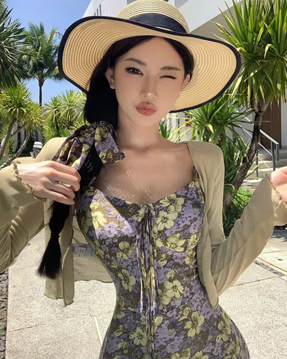 French Style Floral Print Green Maxi Dress Retro Flowy Hem Outdoor Trips Spaghetti Strap Long Dress AP1602